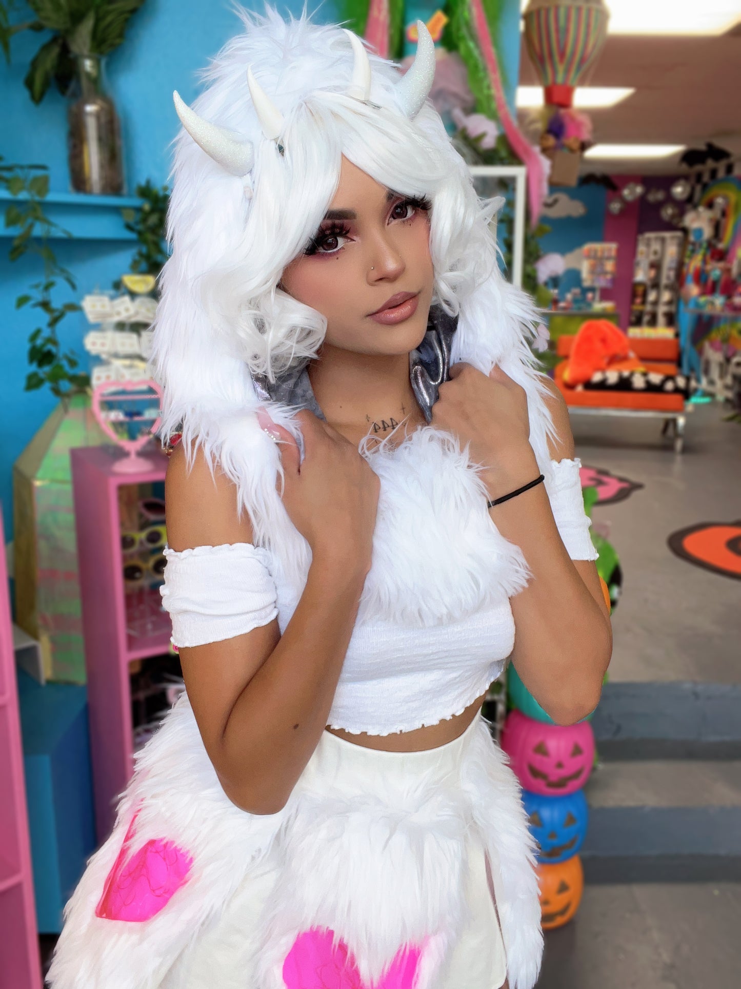 Light Up White Shag Hood