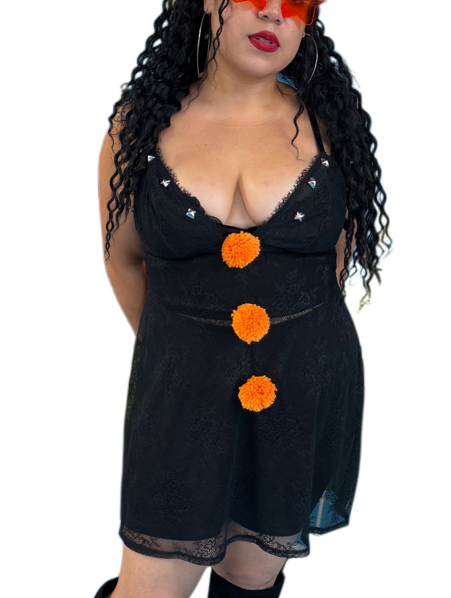 Black/Orange Pom Slip Dress