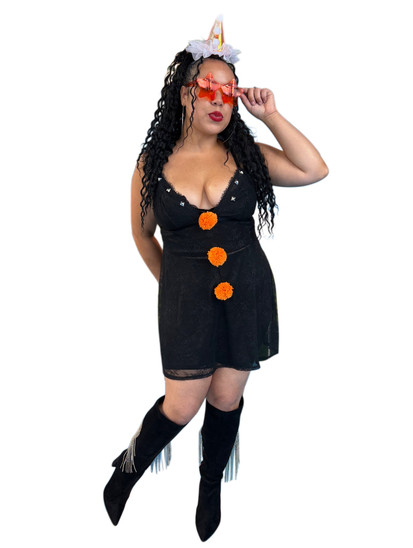 Black/Orange Pom Slip Dress
