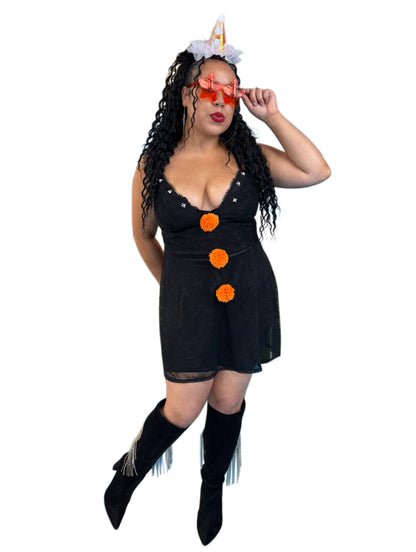 Black/Orange Pom Slip Dress