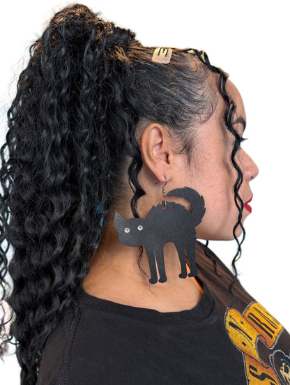 Wood Cut Black Cat Earrings