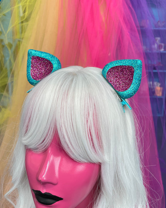 Teal Glittered Cat Ear Clips