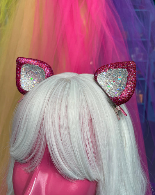 Magenta Glittered Cat Ear Clips