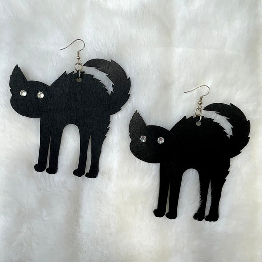 Wood Cut Black Cat Earrings