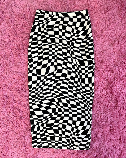 Warped Checker Midi Skirt