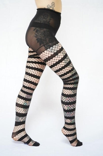 Fishnet Tights with Opaque Stripes